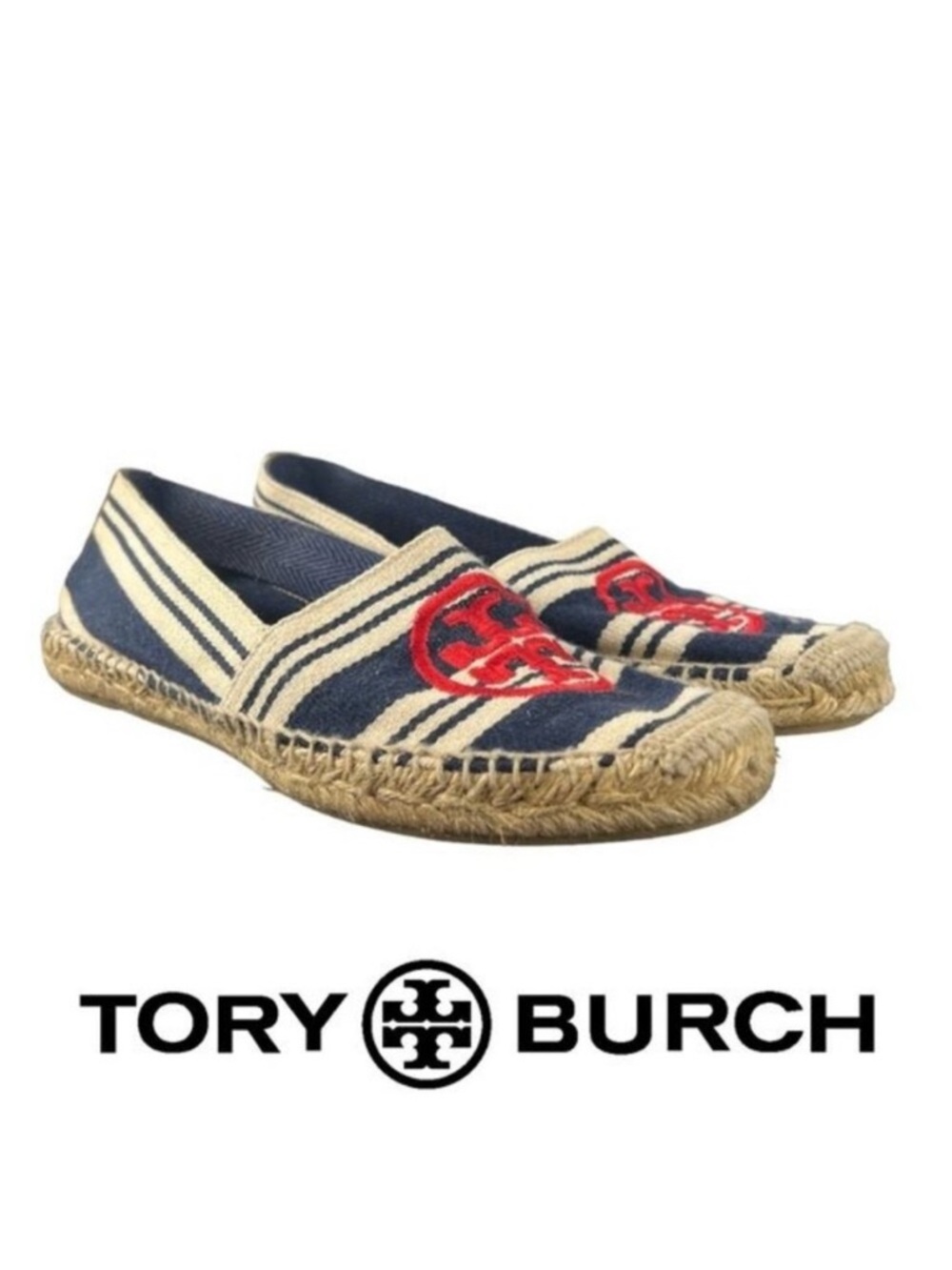 Tory Burch Navy & Cream Striped Espadrilles with Red Logo Embroidery
